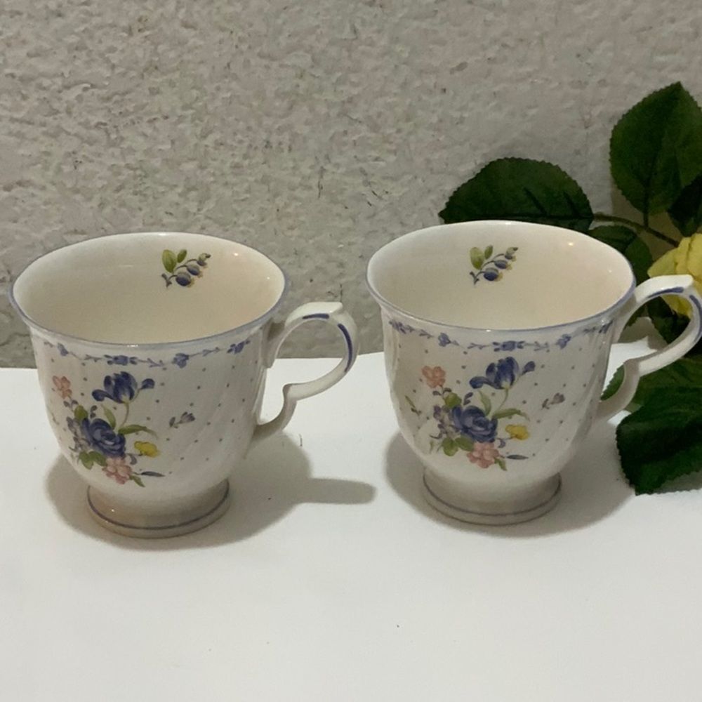 New Nikko tableware blue peony dot ceramic 2 tea cups G10